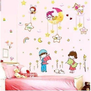 Decal dán tường Set chúc bé ngủ ngon + 2 bé ôm gối