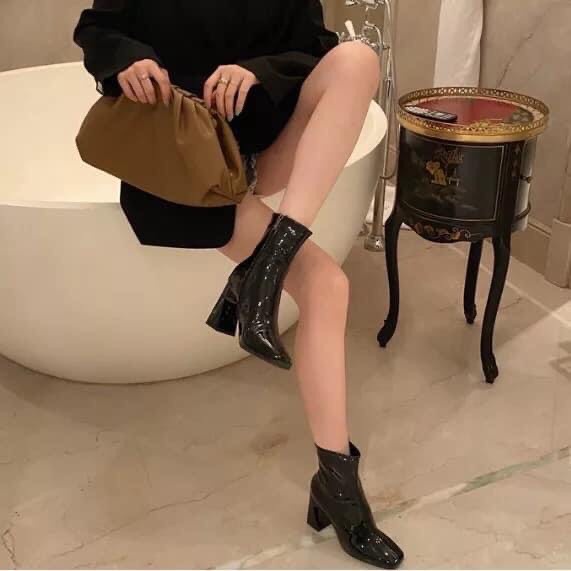 Bốt - boots thời trang nữ - da bóng - cổ lửng - khóa hông gót số 7