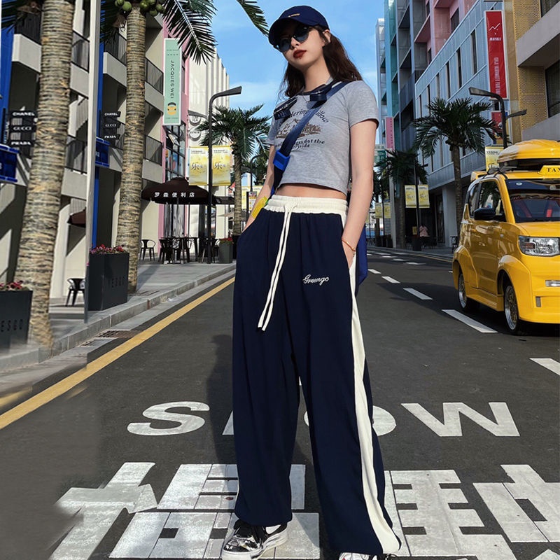 Quần Thể Thao Lưng Cao Ống Rộng Phong Cách Retro Mỹ Thời Trang Cho Nữ
