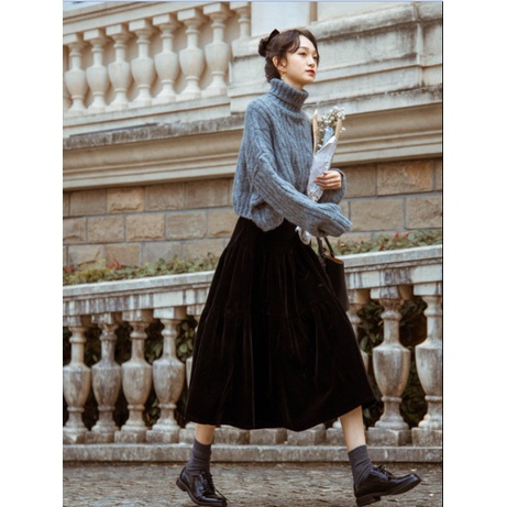 Chân váy chữ A dài trung bình màu đen bằng vải nhung dày thời trang thu đông thích hợp cho nữ
