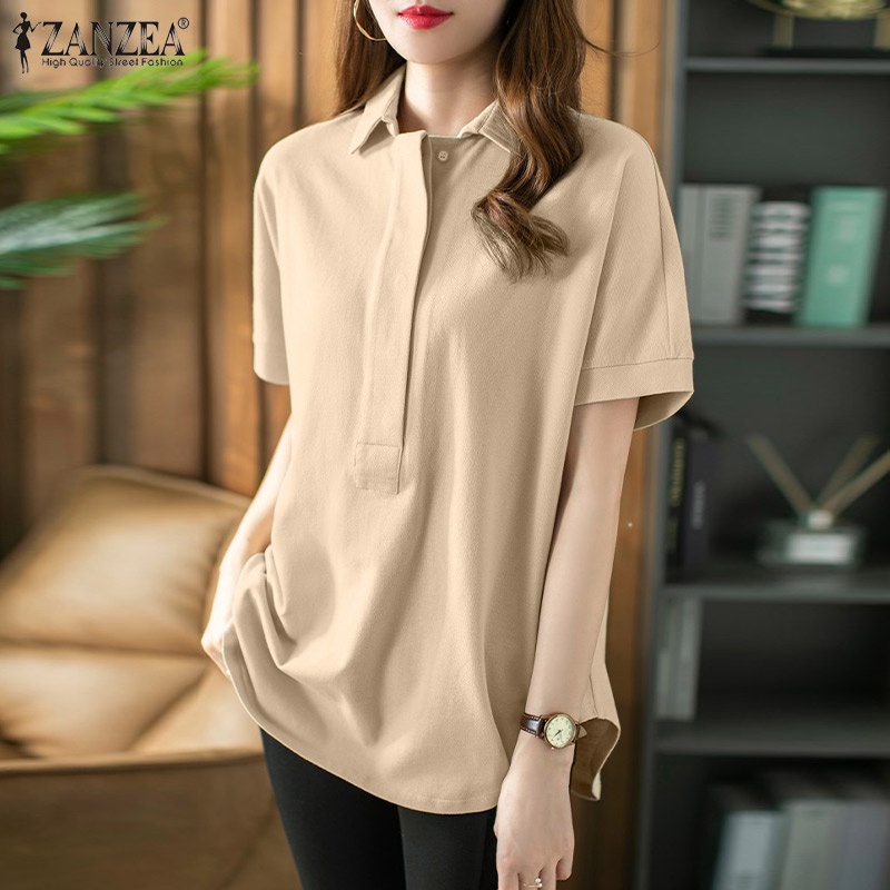 Áo kiểu nữ ZANZEA tay ngắn màu trơn phong cách Hàn Quốc