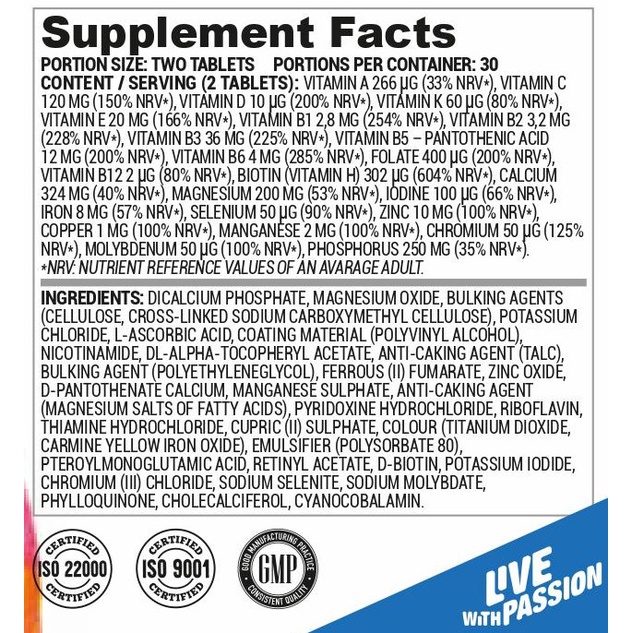 Multi Vitamin Nutriversum,  bổ sung 13 vitamin & 11 khoáng chất, 60 viên/30 lần dùng
