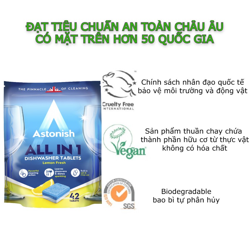 Viên rửa chén bát hữu cơ sinh học kết hợp muối và chất làm bòng để tẩy sạch dầu mỡ loại bỏ cặn canxi cặn vôi... Astonish