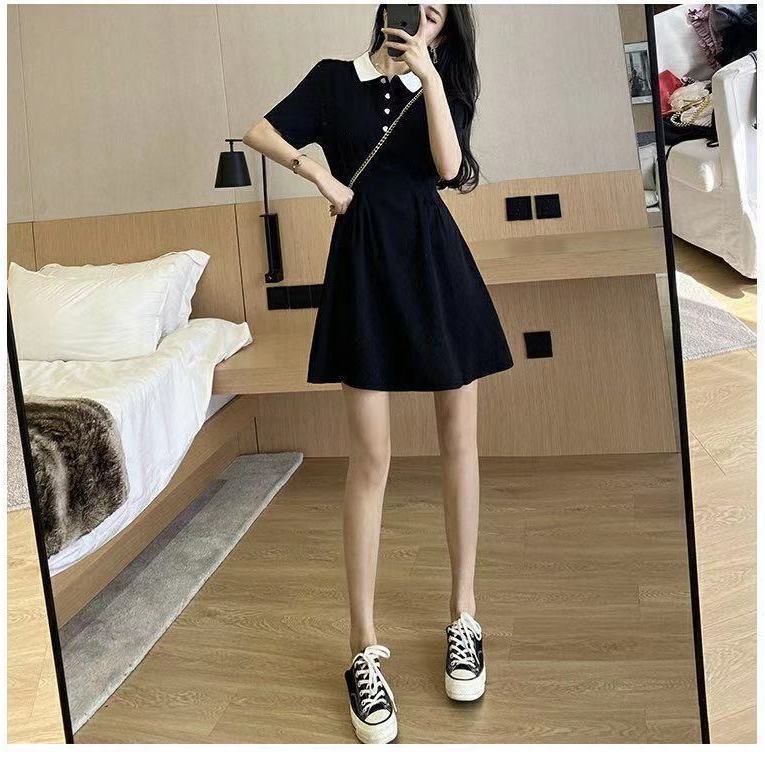 Đầm thun tay ngắn cổ bẻ có nút cài thiết kế trẻ trung cho nữ