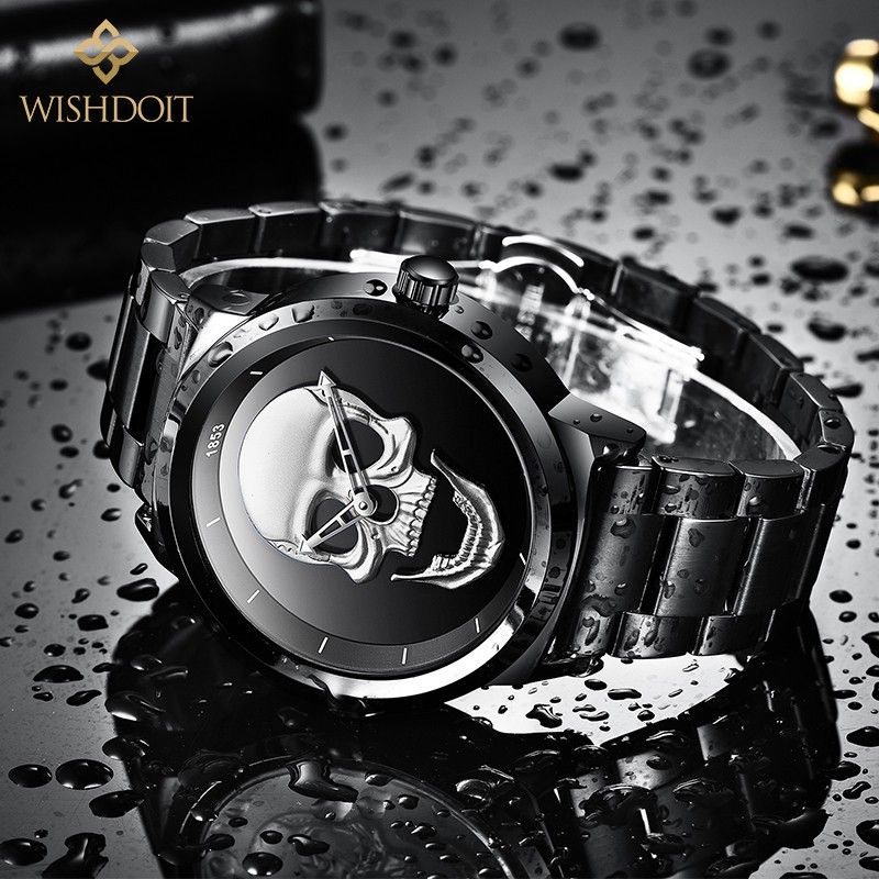 Đồng hồ đeo tay WISHDOIT chống thấm nước bằng inox họa tiết đầu lâu bộ máy thạch anh màu đen cá tính cho nam | BigBuy360 - bigbuy360.vn