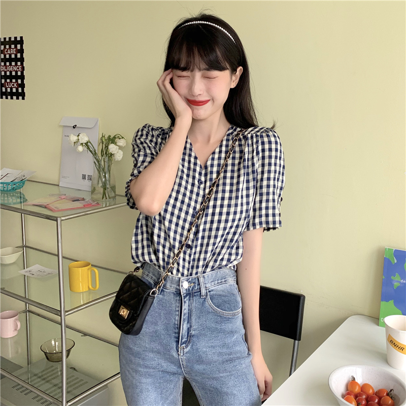 Áo sơ mi SUXI ngắn tay cổ chữ V họa tiết ca rô thời trang cho nữ