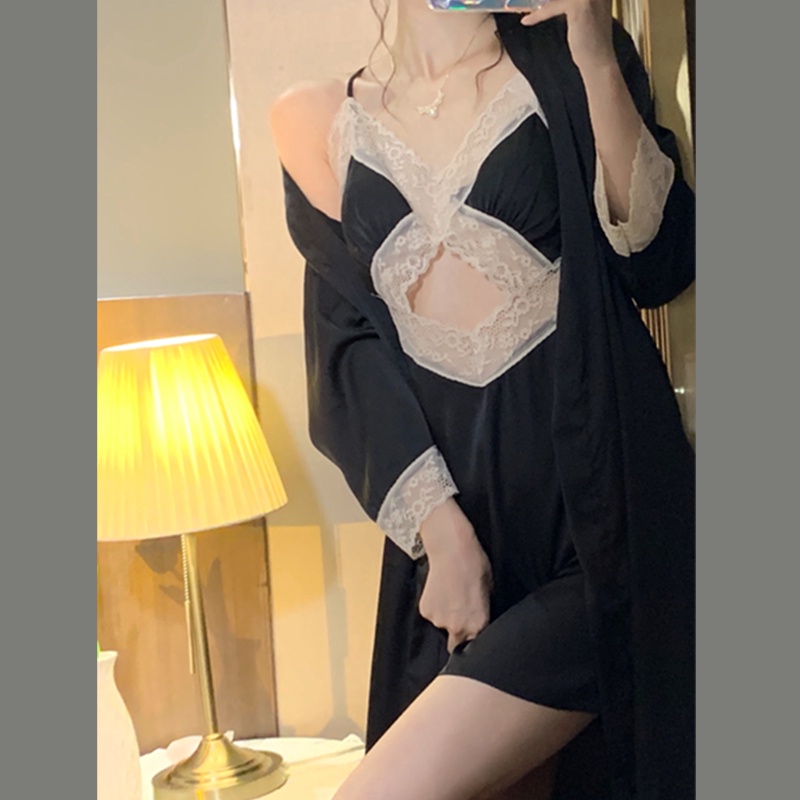 Đầm ngủ hai dây cổ chữ V viền ren phong cách Hàn Quốc quyến rũ cho nữ