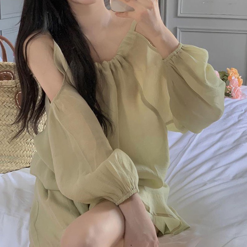 Áo IELGY cổ tròn tay dài hở vai phong cách Pháp thời trang cho nữ