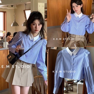 Áo sơ mi kẻ dáng croptop phối cổ /kemstudio
