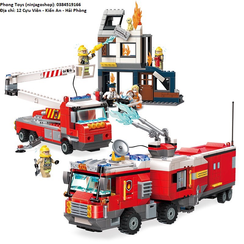 Lắp ráp xếp hình lego QMAN 2810 chính hãng 996 PCS: Bộ lính cứu hỏa và ô tô đang chữa cháy