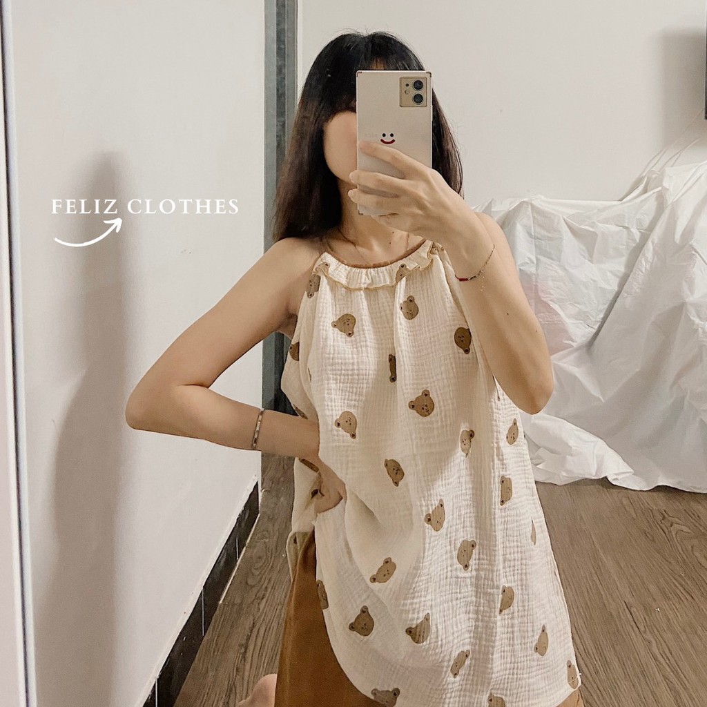 Bộ áo ngủ hai dây xô muslin cực đáng yêu