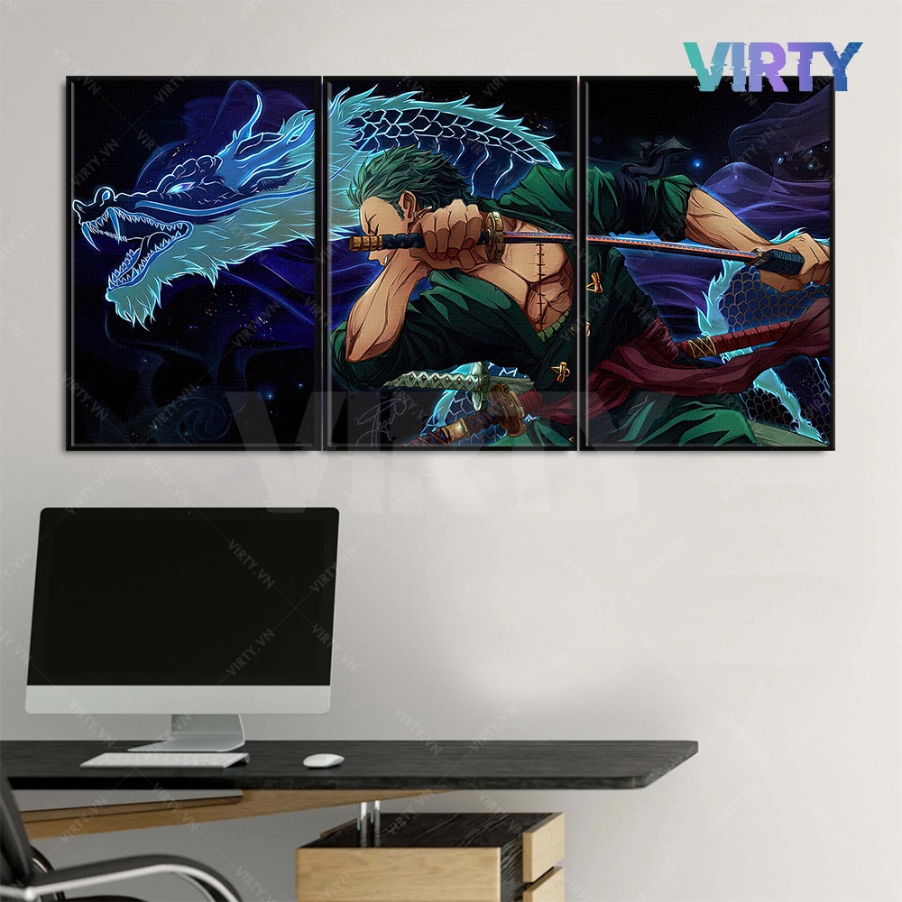 Bộ 3 Tranh treo tường anime ONE PIECE kèm khung composite VIRTY Tranh Canvas decor phòng ngủ, phòng làm việc ANIME