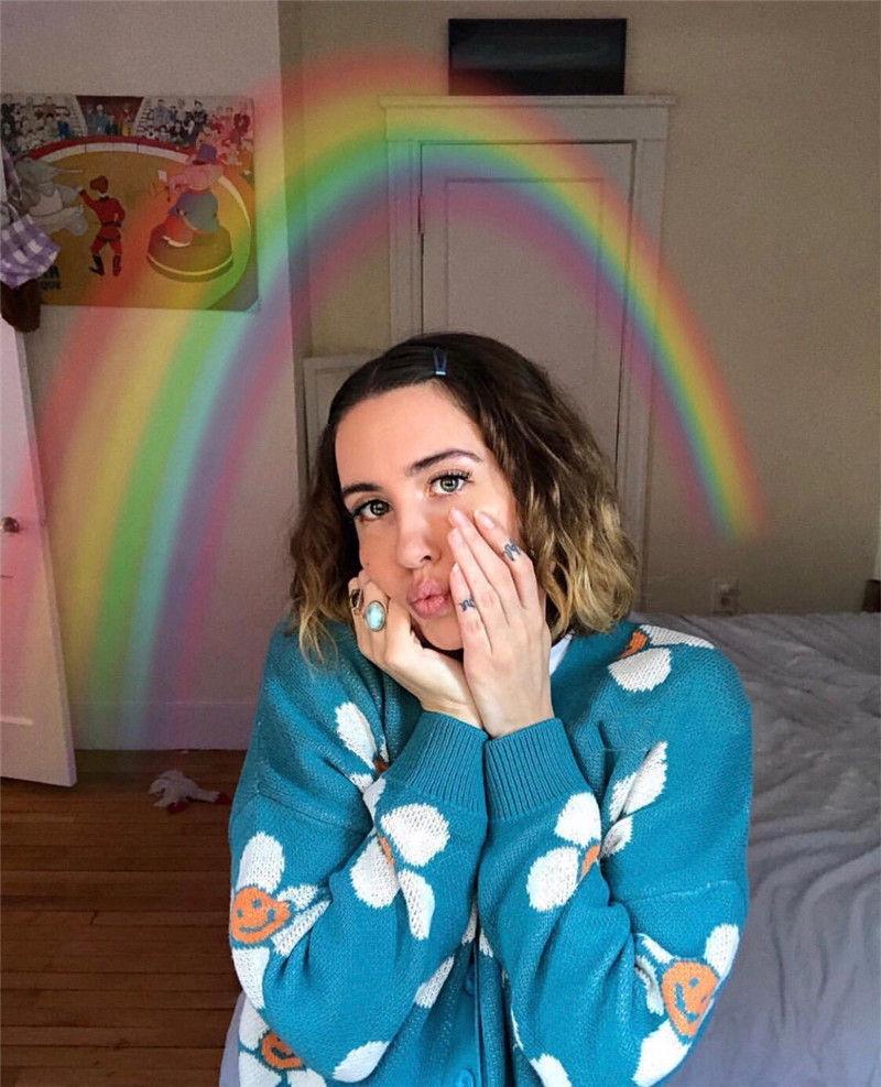 Áo khoác cardigan len dáng ngắn in hình hoa hướng dương mặt cười dễ thương cho nữ | BigBuy360 - bigbuy360.vn