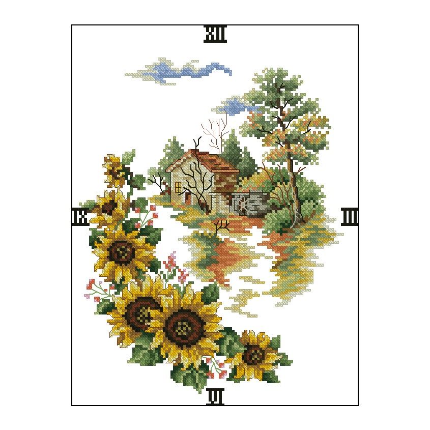 Tranh thêu chữ thập đồng hồ - Ngôi nhà hoa hướng dương - không in trên vải dh107