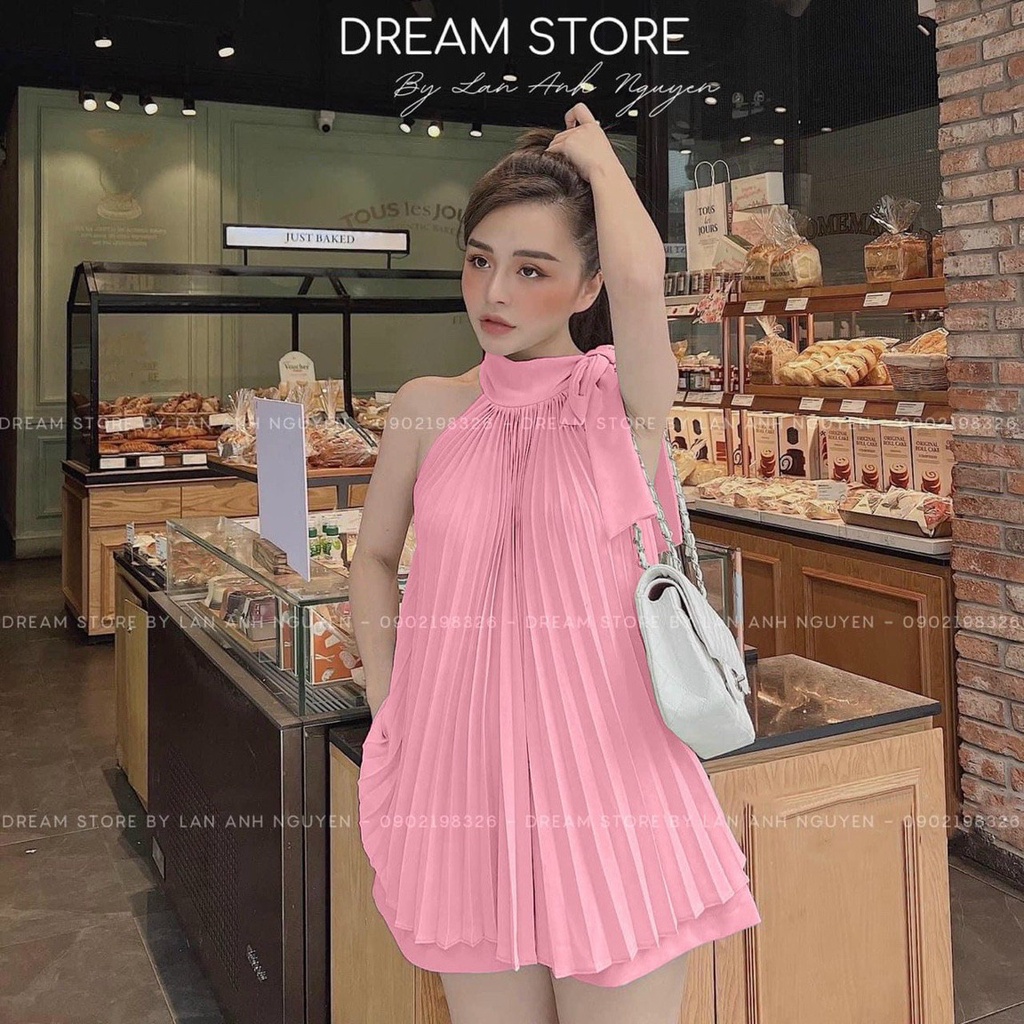 Set áo cổ yếm nơ xếp ly kèm quần cực xinh cho nữ phong cách sang chảnh dịu dàng