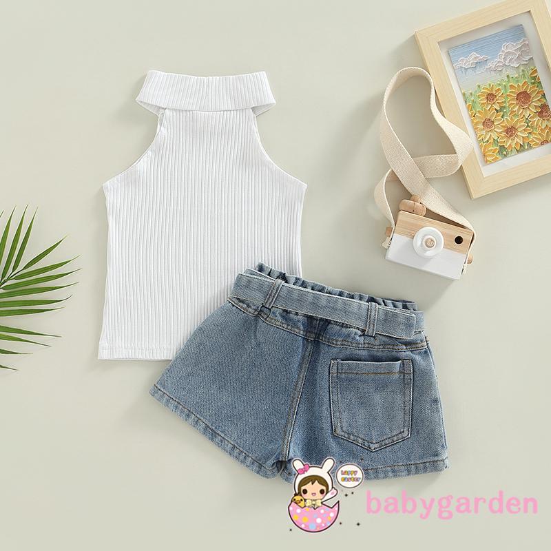 Bộ Áo Sát Nách Cổ Cao + Quần Short Denim Lưng Cao Kèm Thắt Lưng Thời Trang Mùa Hè Cho Bé Gái 1-6 Tuổi