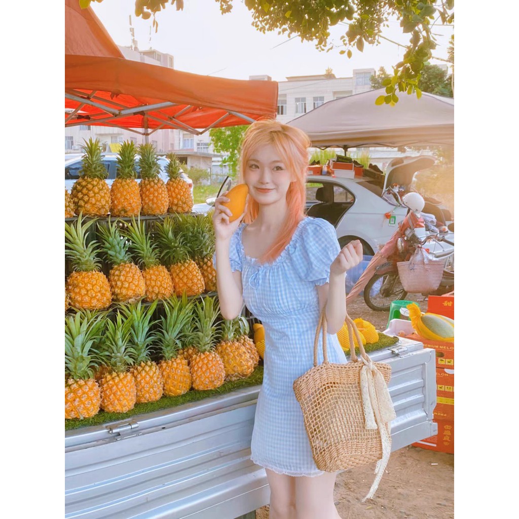 Đầm Caro Dự Tiệc Nhíu Viền Ren Ngực Đầm Nữ Tay Ngắn Họa Tiết Caro Phong Cách [ĐẦM CARO NHÍU VIỀN REN NGỰC] | BigBuy360 - bigbuy360.vn