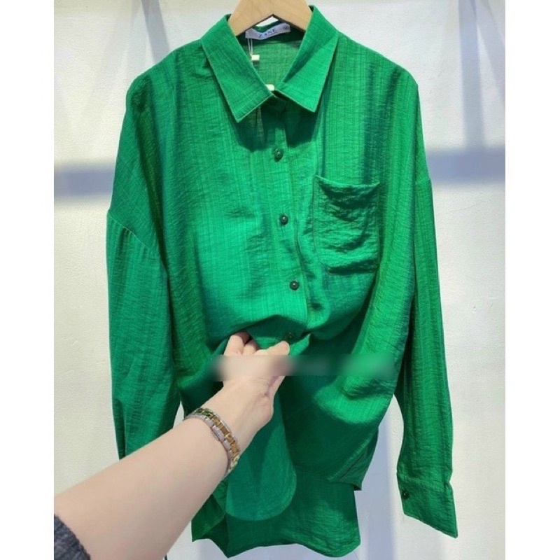 Áo Sơ Mi Oversize Chất Đũi Tơ Loại 1 Màu Xanh