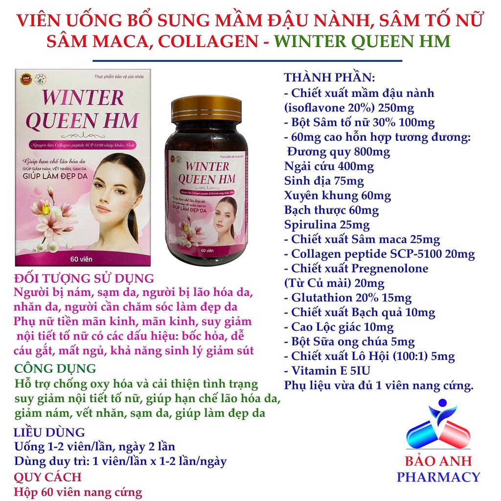 Viên Sâm tố nữ, mầm đậu nành, Collagen WINTER QUEEN HM giúp làm đẹp da, giảm sạm, nám, vết nhăn, bốc hỏa tiền mãn kinh
