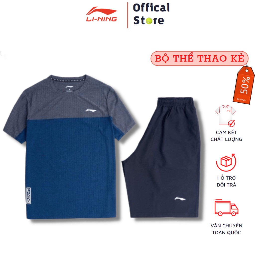 Bộ quần áo Lining kẻ xanh xám ⚡ CAO CẤP ⚡ Bộ thể thao nam Lining cổ tròn chất liệu cao cấp thấm hút mồ hôi cực tốt