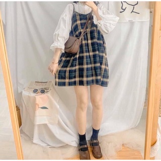 Set áo sơ mi và đầm yếm kẻ , Freesize
