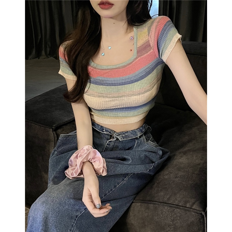 Áo Thun Tay Ngắn Cổ Vuông Họa Tiết Sọc Màu Loang Thời Trang Dành Cho Nữ