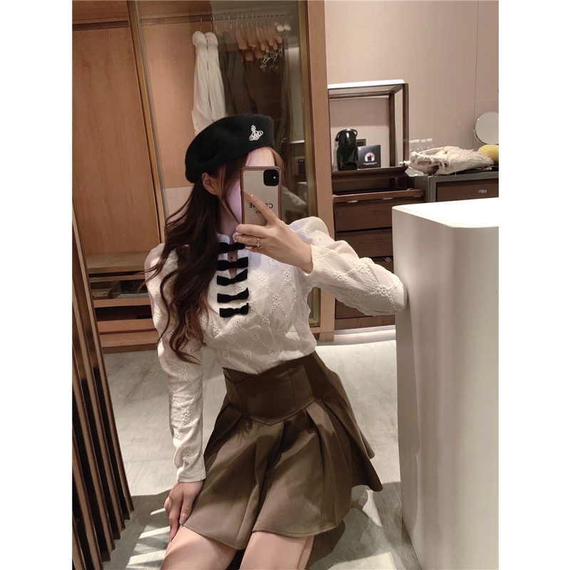 Áo sơ mi công chúa tay dài cổ thắt nơ màu sắc ngọt ngào phong cách Trung Hoa thời trang cho nữ