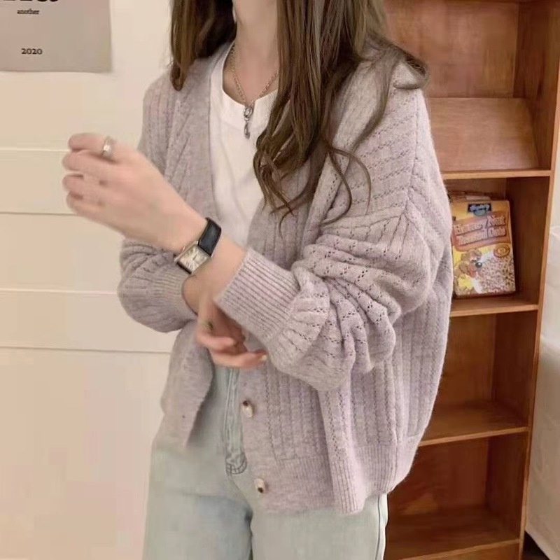 Áo khoác cardigan dệt kim tay dài dáng rộng cổ chữ V phong cách Hàn Quốc cho nữ
