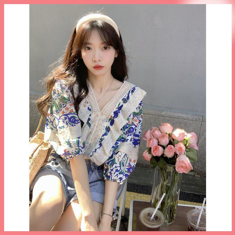 Ao babydoll nu Áo Sơ Mi Cổ Chữ V Phối Ren Dáng Rộng In Họa Tiết Hoa Phong Cách Cổ Điển Thời Trang Mùa Hè 2022 Mới Cho Nữ