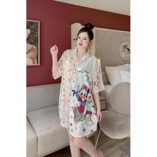 Đầm váy ngủ mặc nhà Lụa phom rộng cổ sơ mi cao cấp (mẹ bầu | sau sinh bon chen thoải mái) dưới 72kg