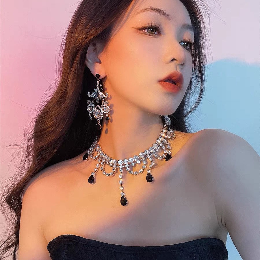 Toàn Bộ Vòng Cổ Tua Rua Giọt Nước Màu Đen Đính Kim Cương Lấp Lánh Sang Trọng Thời Trang Dự Tiệc Cao Cấp Cho Nữ