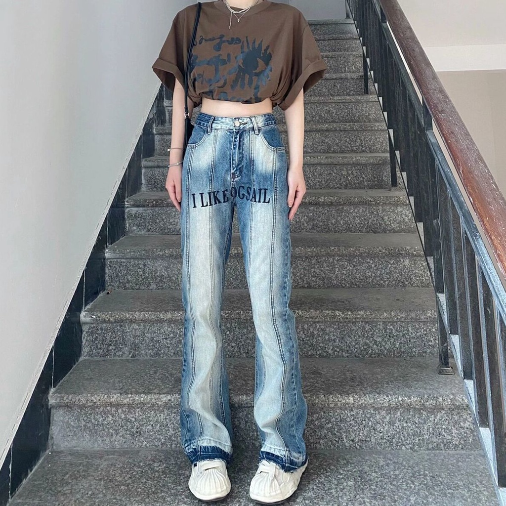 ❧Quần Jeans Nữ Lưng Cao Ống Rộng Thêu Hoa Thời Trang