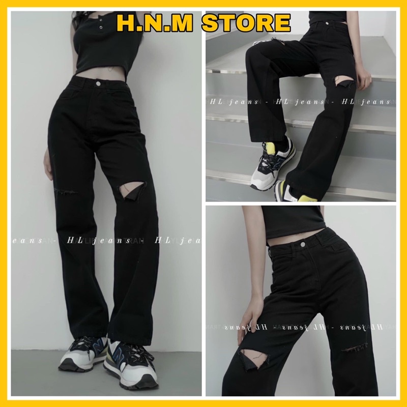 Quần jeans nữ ống đứng lưng cao đen rách H.N.M STORE hottrend