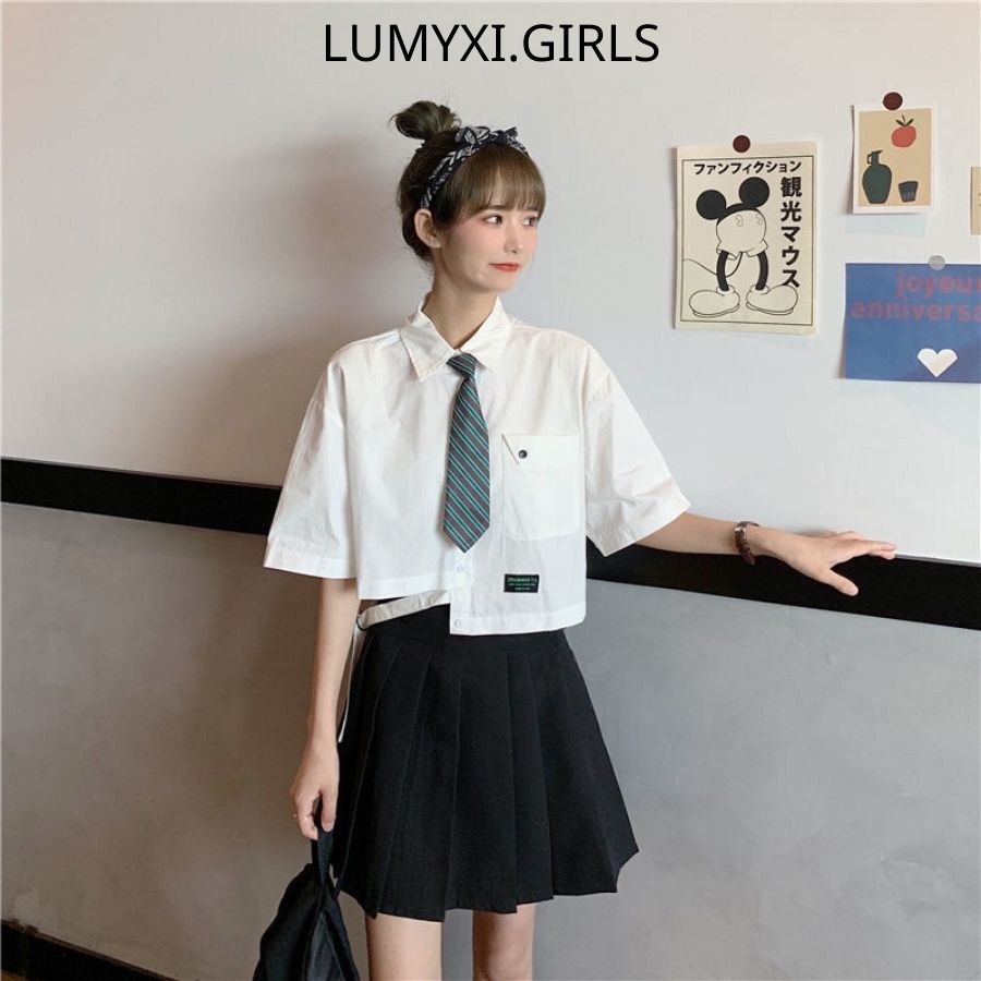 Áo sơ mi croptop nữ tay ngắn from rộng cột dây eo