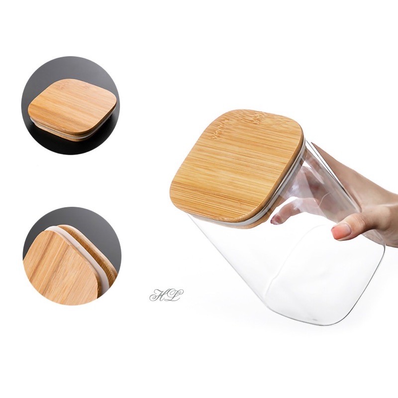 Lọ thuỷ tinh, Hũ thuỷ tinh Borosilicate nắp gỗ vuông các cỡ