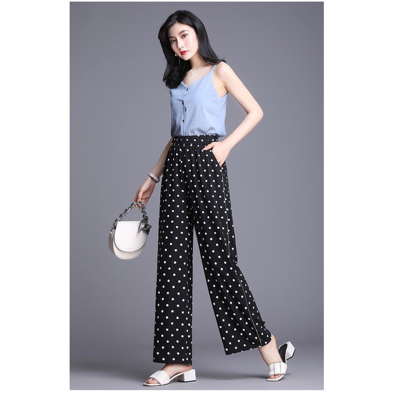 Quần ống rộng lưng cao họa tiết chấm bi thời trang cho nữ