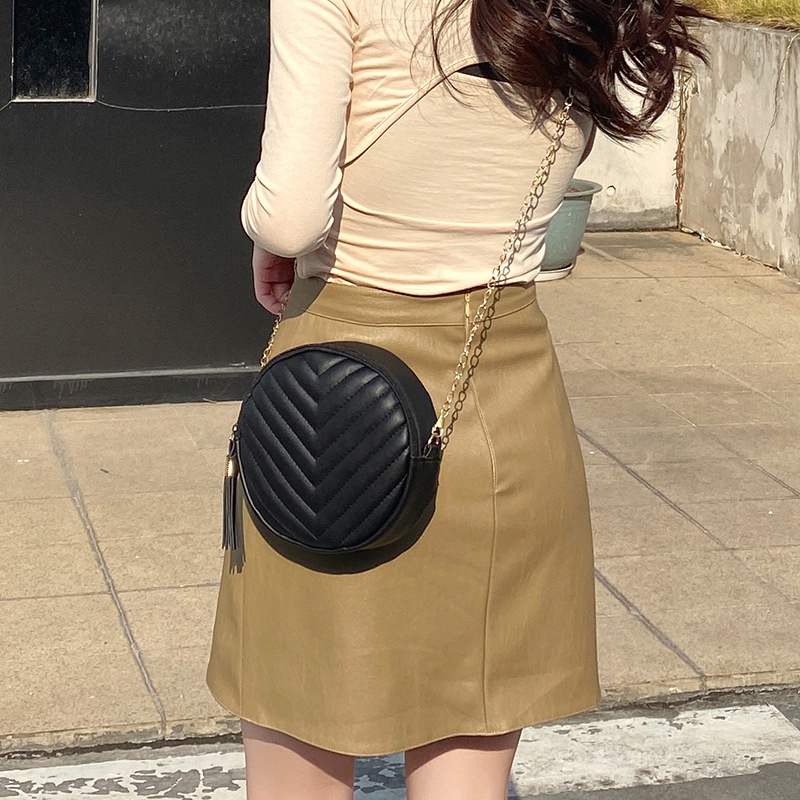 Túi Xách Đeo Vai Hình Tròn Nhỏ Thêu Họa Tiết Phối Dây Đeo Sợi Xích Thời Trang Cho Nữ
