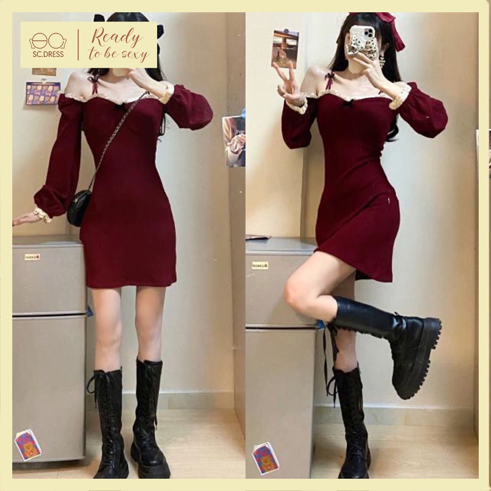 Váy len body Hàn Quốc phối ren trắng viền tay và cổ tay bồng mặc được hai kiểu sexy cá tính V00148