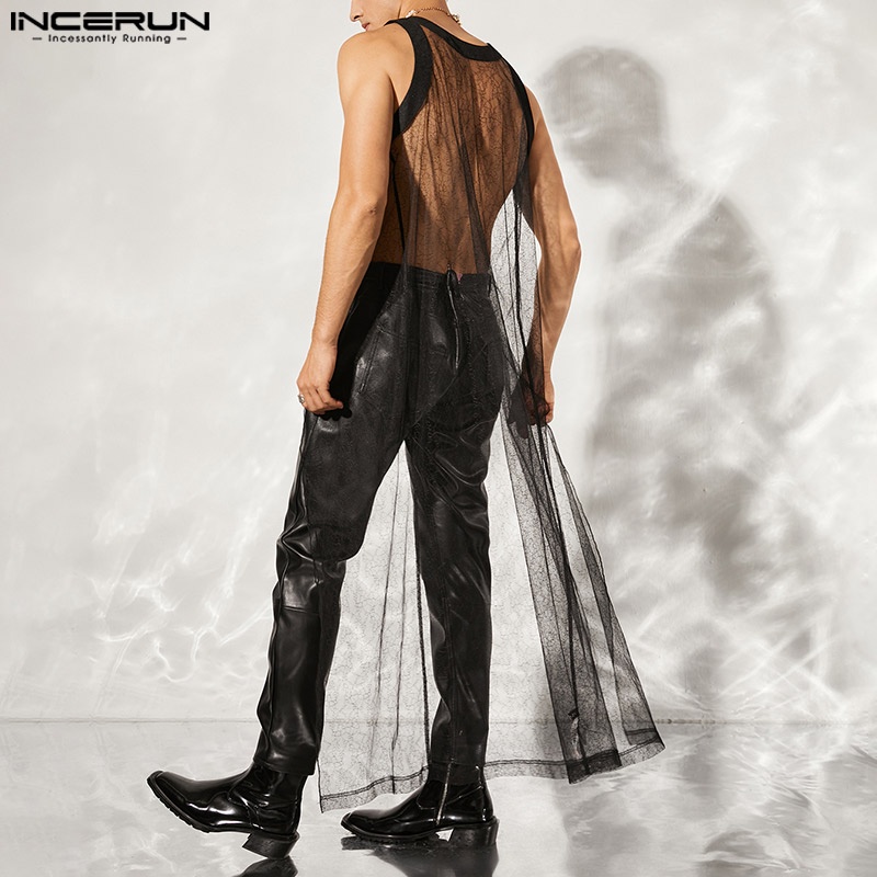 Áo choàng Kaftan INCERUN thiết kế không tay xuyên thấu phối ren gợi cảm cho nam