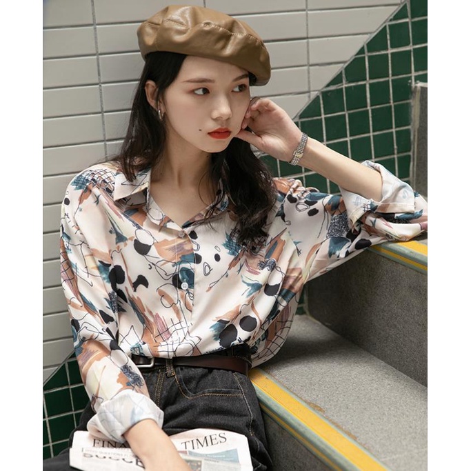 Áo Sơ Mi Tay Dài Dáng Rộng In Họa Tiết Phong Cách Retro Hàn Quốc Cho Nữ