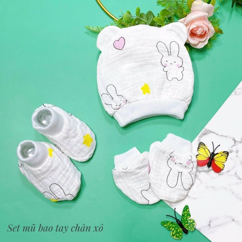 Set mũ - bao tay - bao chân Muslin cho bé