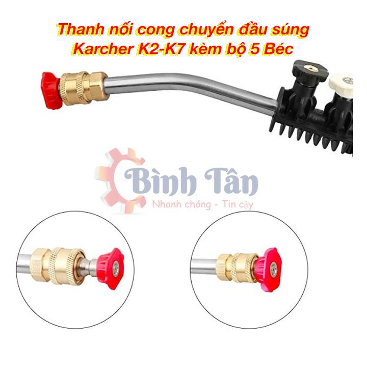 Thanh nối cong chuyển vòi xịt Máy rửa xe Karcher (K2 đến K7)  thành nối nhanh 1/4 có kèm 5 béc phun