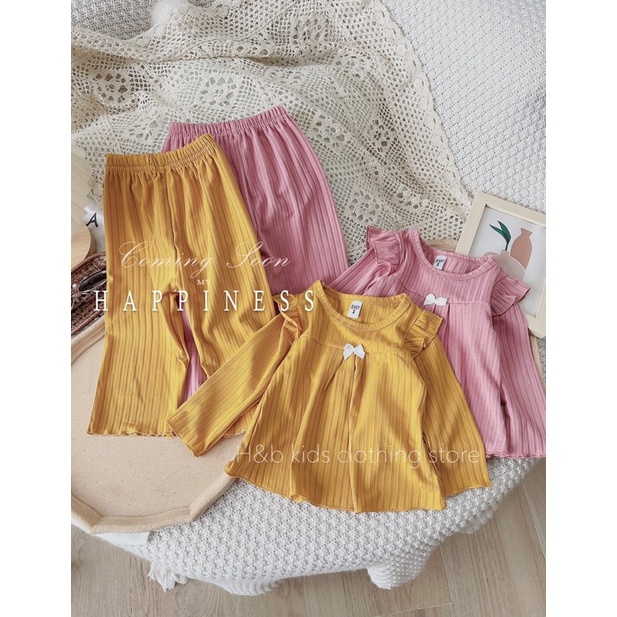 Bộ Dài Tay Chất Tăm Đũa Mềm Đính Nơ Cho Bé Gái 10-20kg