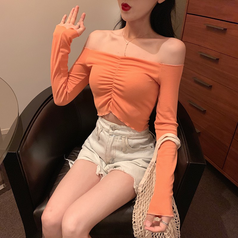 Áo croptop tay dài hở bụng sexy gợi cảm hạ vai hở vai bẹt ôm body tôn dáng ulzzang ( 4 màu )