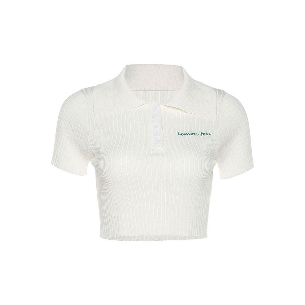 Áo Croptop Tay Ngắn Cổ Bẻ Cài Nút Thêu Chữ Gợi Cảm Cho Nữ