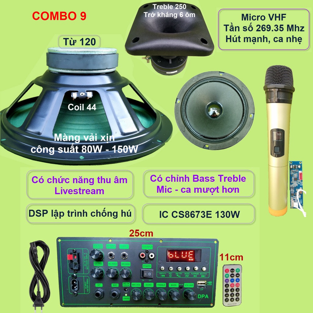 Mạch loa kéo 3 tấc đơn CS8673E 130W, thu âm LIVESTREAM, DSP lập trình chống hú có chỉnh Bass Treble