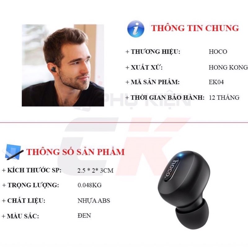 ✔HÀNG CHÍNH HÃNG✔Chống ồn/Chống nhiễu-Tai nghe bluetooth 1 bên tai V5.0 Hoco EK04-Chơi game-Đàm thoại-cho mọi thiết bị