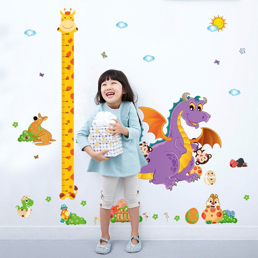 Decal dán tường thước đo chiều cao trẻ em bé hình con vật