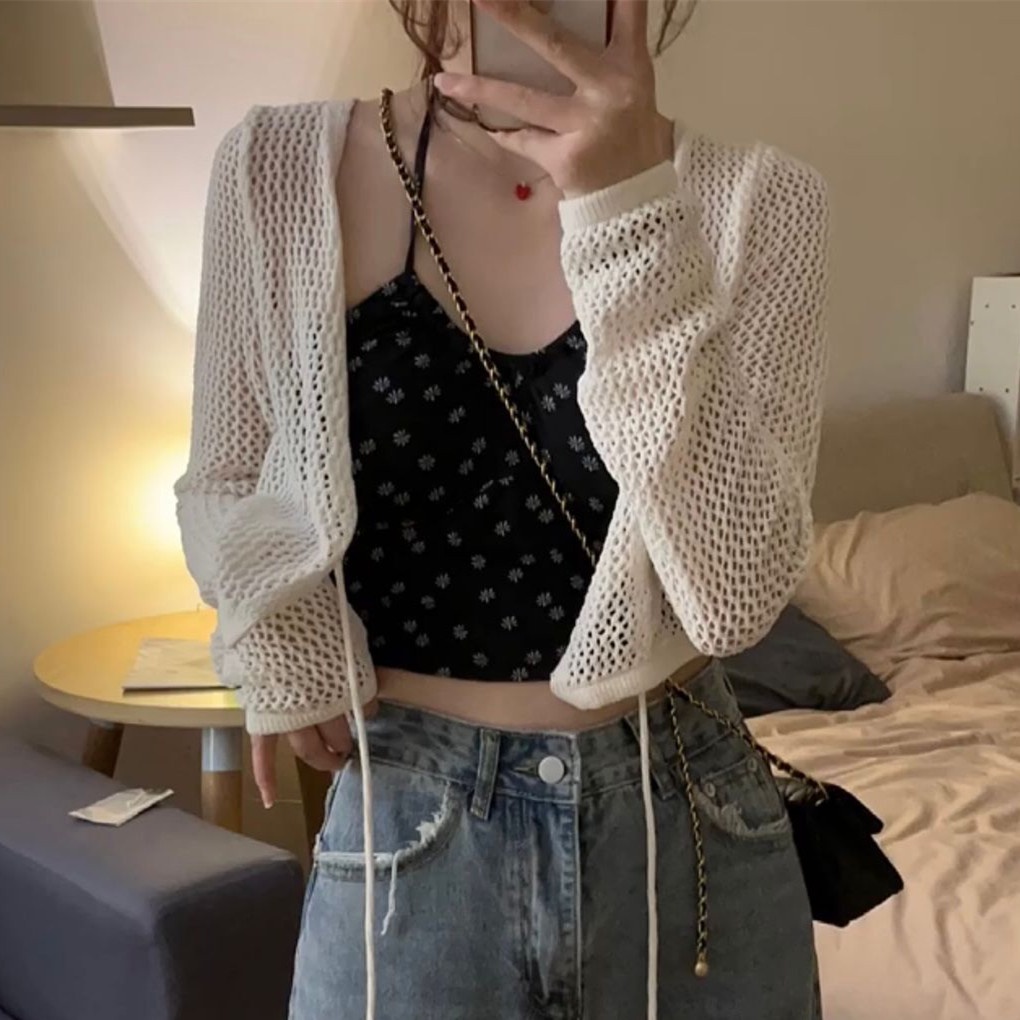 Áo Croptop Dệt Kim Mỏng Tay Dài In Hoa Thời Trang Mùa Hè Cho Nữ