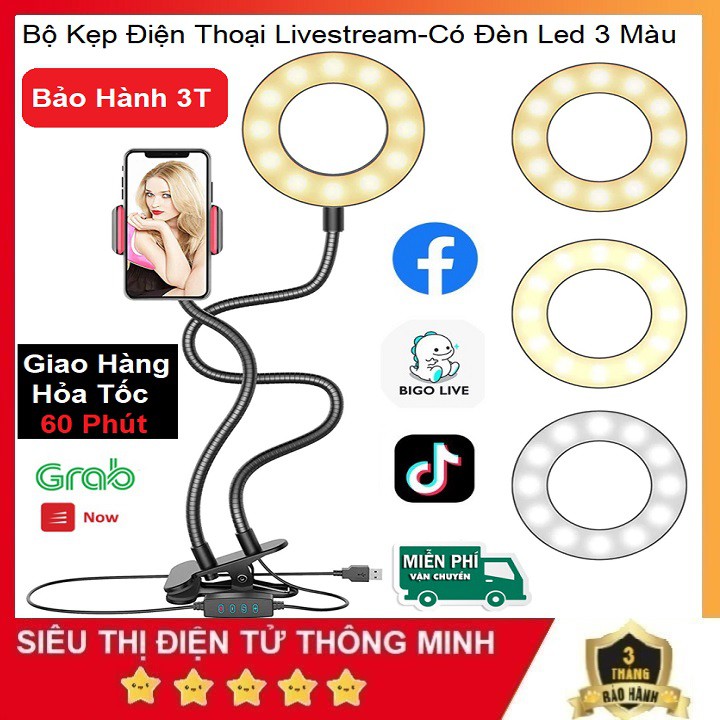 Đèn Livestream, Kiêm Kẹp 1 Điện Thoại - Kẹp Bàn - Uốn Dẻo Đa Năng - 3 Màu Đèn - Chỉnh Sáng Tối - Giá Rẻ